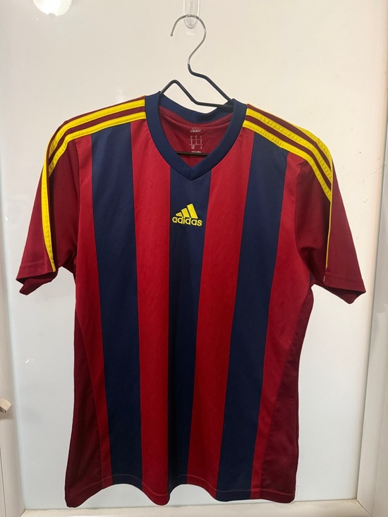adidas Tops - adidas Red & Navy Vertical Stripe Soccer Jersey with Yellow Accents